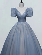 Women's Elegant Blue Sequin V-Neck Prom Dress with Sleeves, Formal Evening Gown
