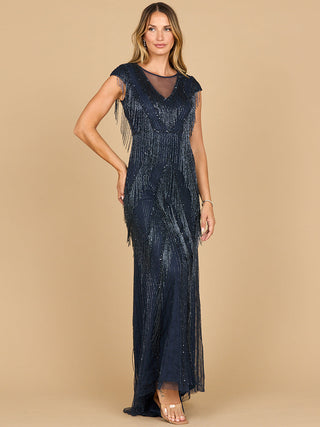 Lara 28858 - Beaded Fringe V-Neckline Dress with Cap Sleeves - By Baano