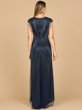 Lara 28858 - Beaded Fringe V-Neckline Dress with Cap Sleeves - By Baano