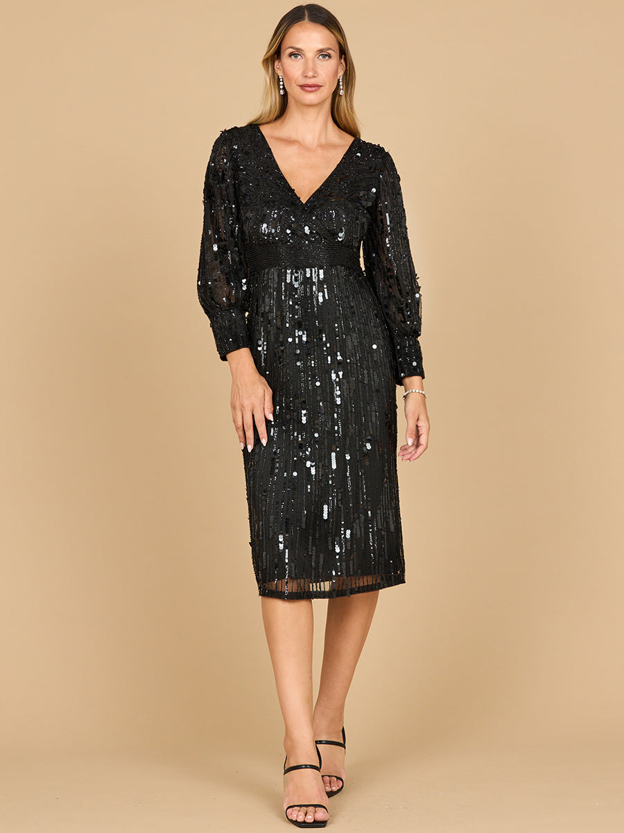 Lara 28855 - Beaded A-line Midi Dress with Long Sleeves