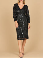 Lara 28855 - Beaded A-line Midi Dress with Long Sleeves - Glamourous Grace