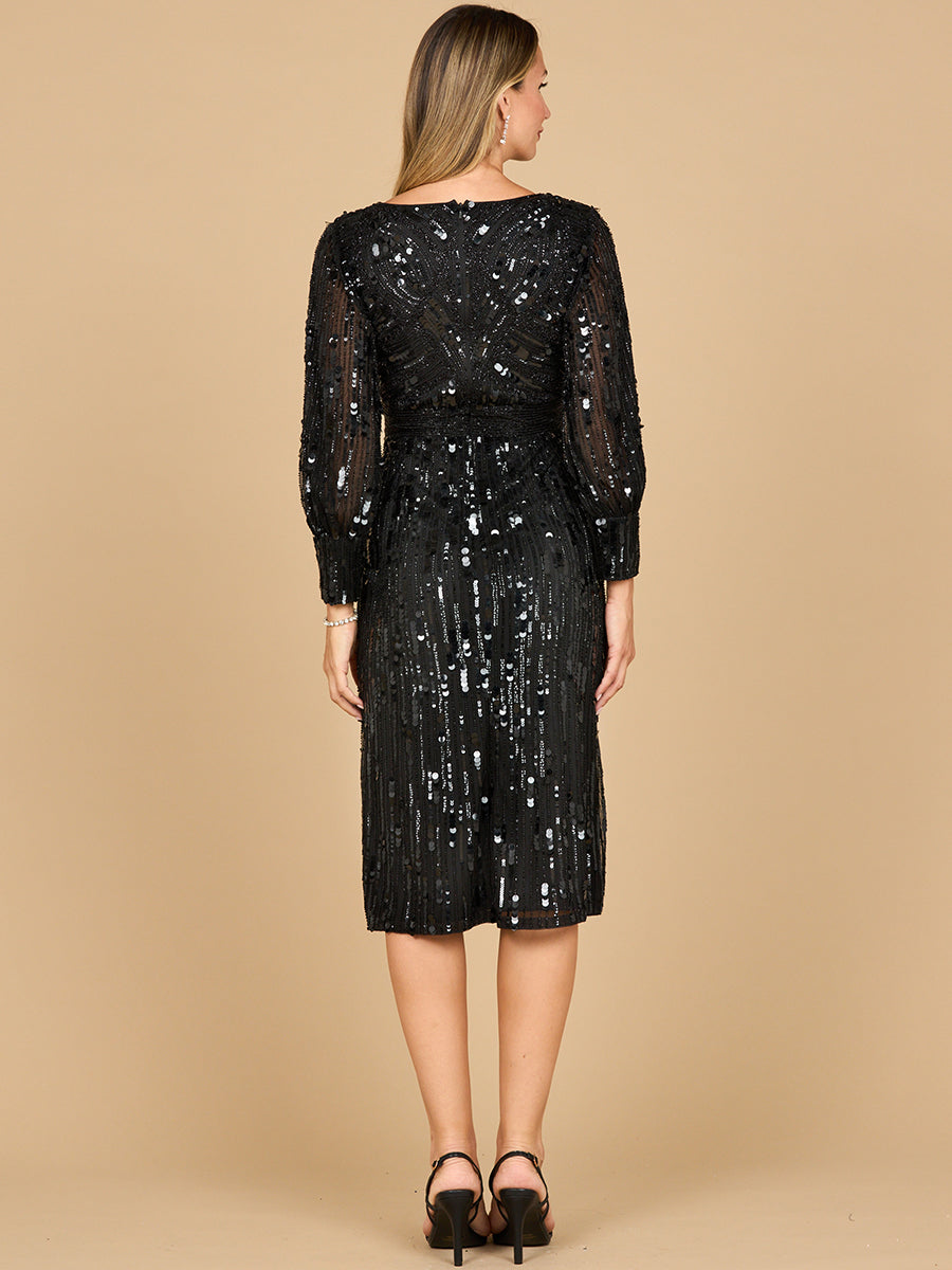 Lara 28855 - Beaded A-line Midi Dress with Long Sleeves