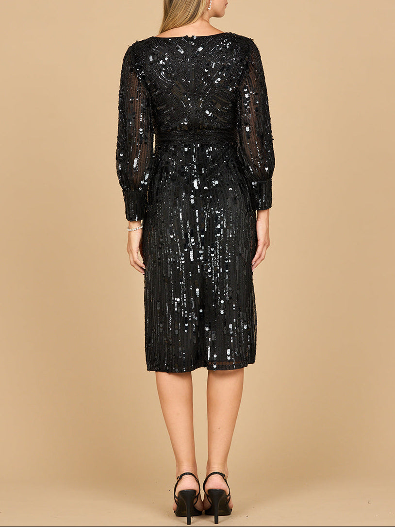 Lara 28855 - Beaded A-line Midi Dress with Long Sleeves - Glamourous Grace