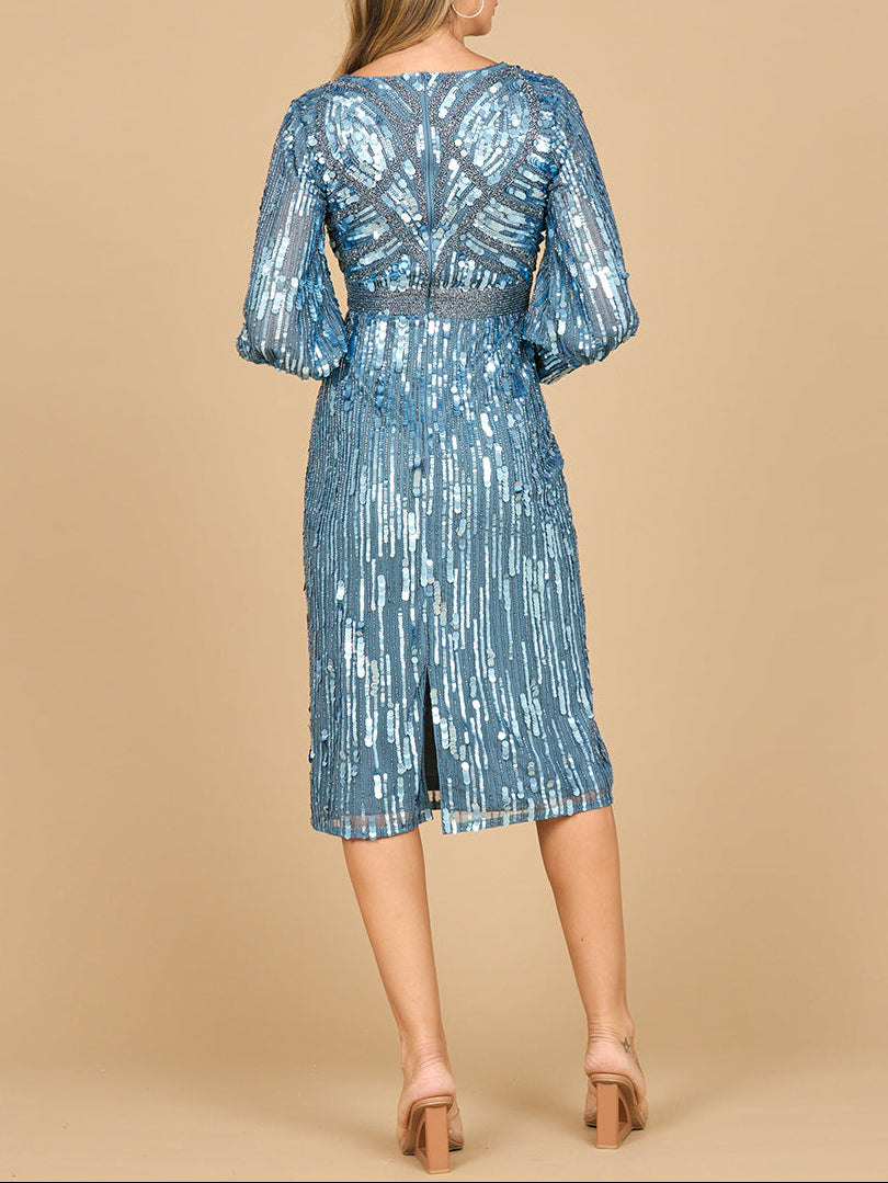 Lara 28855 - Beaded A-line Midi Dress with Long Sleeves - Glamourous Grace