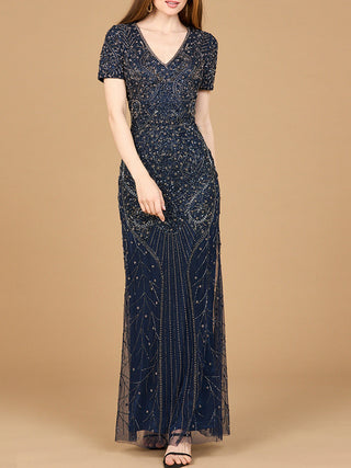 Short Sleeve Sheath Beaded Gown - By Baano