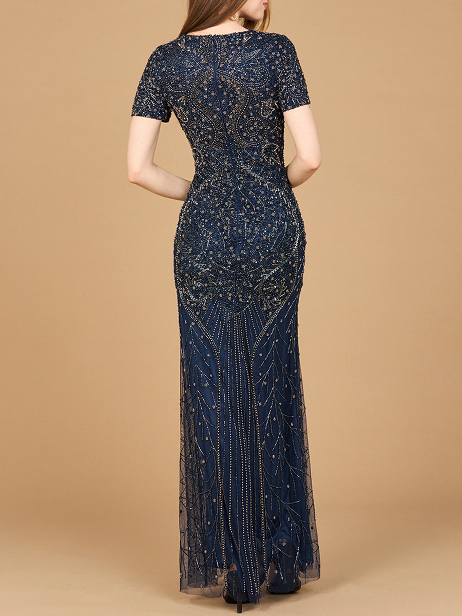 Short Sleeve Sheath Beaded Gown Lara New York