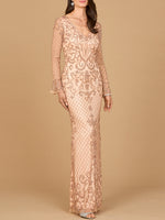 Beaded Long Sleeve V-neck Gown Lara New York