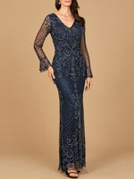 Beaded Long Sleeve V-neck Gown Lara New York