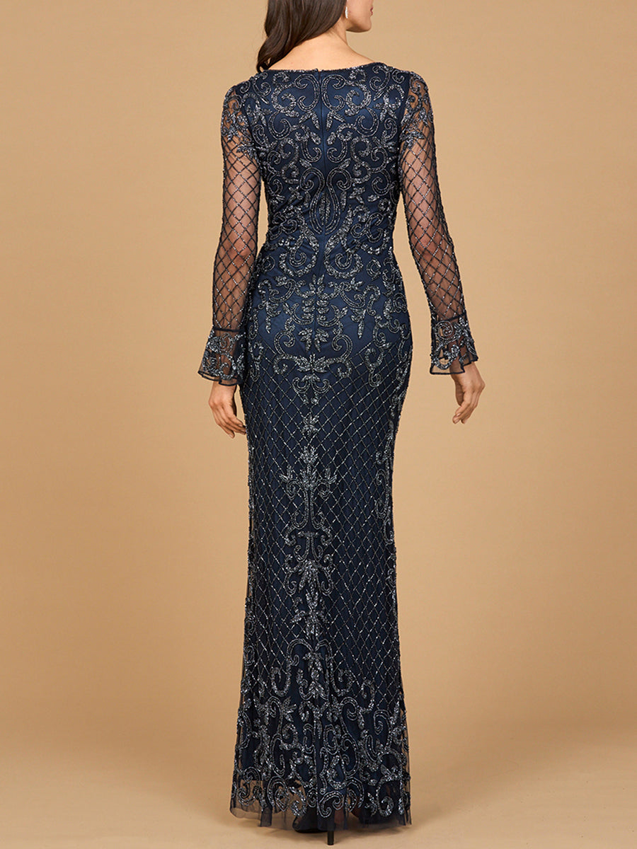 Beaded Long Sleeve V-neck Gown Lara New York