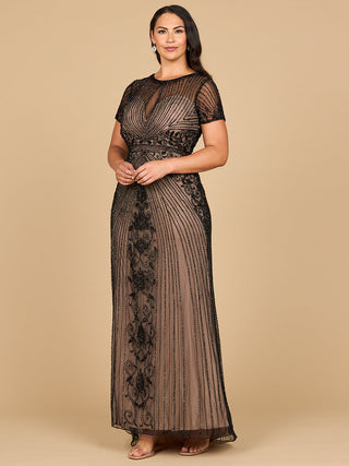 Lara 28869 - Beaded Cap Sleeve Illusion Plunge Gown