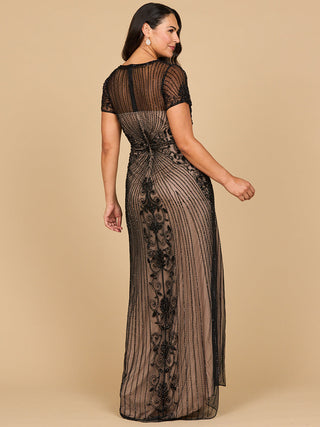 Lara 28869 - Beaded Cap Sleeve Illusion Plunge Gown