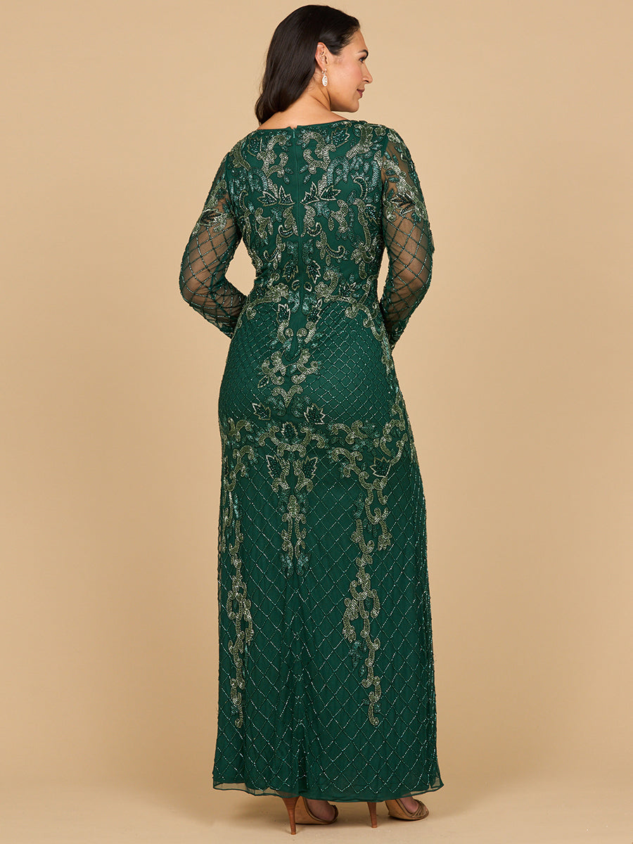 Lara 28877-  Long Sleeve Contrast Beaded Gown