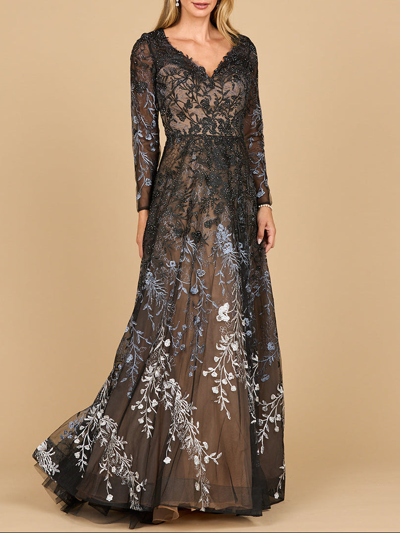 Lara 28878- Long Sleeve V-Neck Ombre Lace Gown - Glamourous Grace