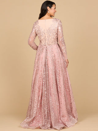 Lara 28883- Long Sleeve Gown with Overskirt & Illusion Neckline - By Baano