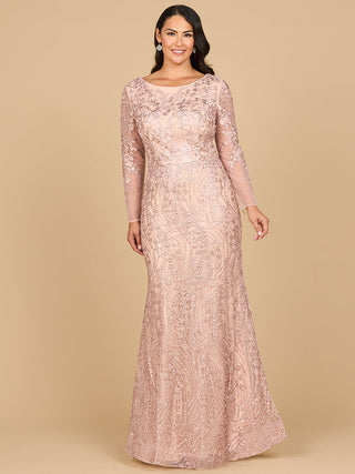 Lara 28883- Long Sleeve Gown with Overskirt & Illusion Neckline - By Baano