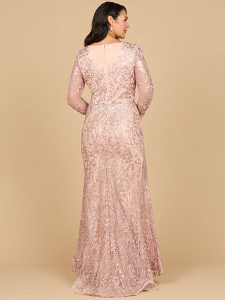 Lara 28883- Long Sleeve Gown with Overskirt & Illusion Neckline - By Baano