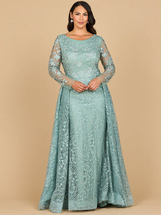 Lara 28883- Long Sleeve Gown with Overskirt & Illusion Neckline - By Baano