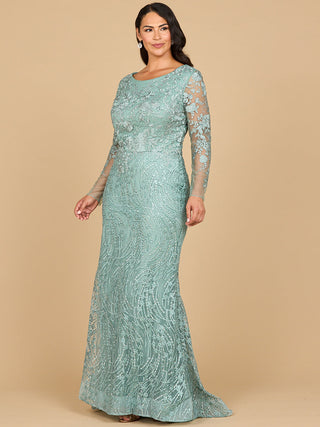 Lara 28883- Long Sleeve Gown with Overskirt & Illusion Neckline - By Baano