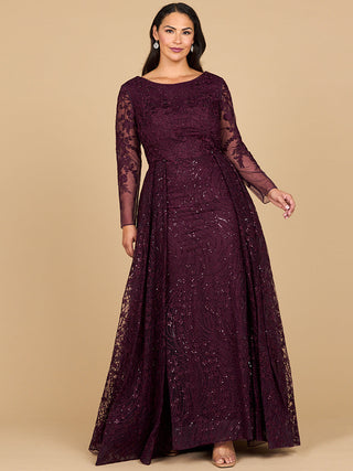 Lara 28883- Long Sleeve Gown with Overskirt & Illusion Neckline - By Baano
