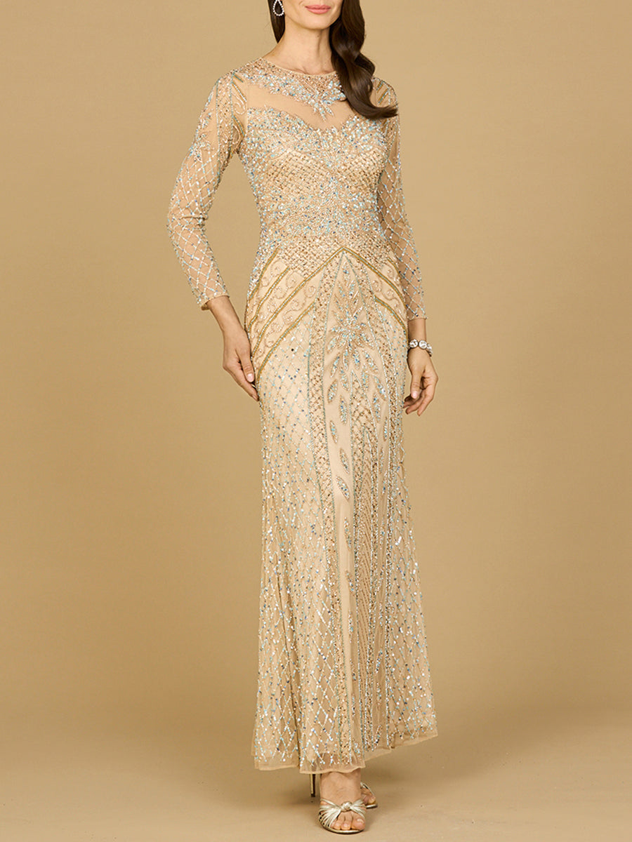 Illusion Neck, Long Sleeve Beaded Gown - By Baano