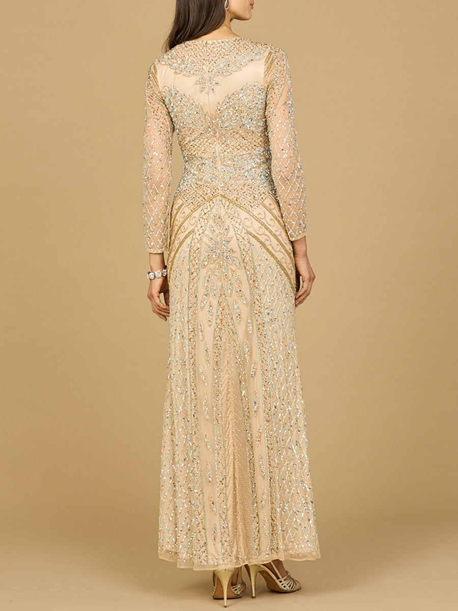 Illusion Neck, Long Sleeve Beaded Gown - By Baano