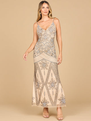 Contrast Beaded V-Neck Fitted Gown