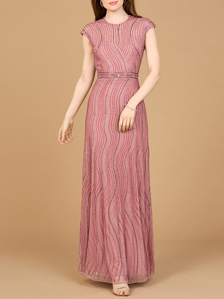 Cap Sleeve, Illusion Neck Beaded Gown - By Baano