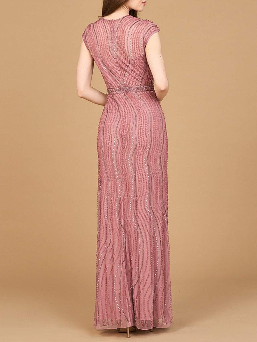 Cap Sleeve, Illusion Neck Beaded Gown - By Baano