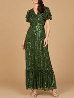 Elegant Beaded Gown with Flutter Sleeves - By Baano