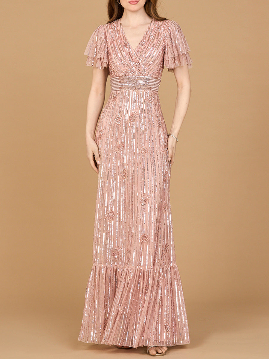 Elegant Beaded Gown with Flutter Sleeves - By Baano