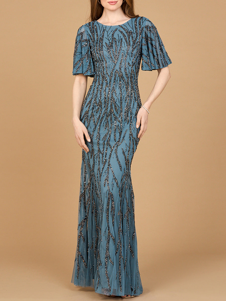 Beaded Gown with Flutter Sleeves - By Baano