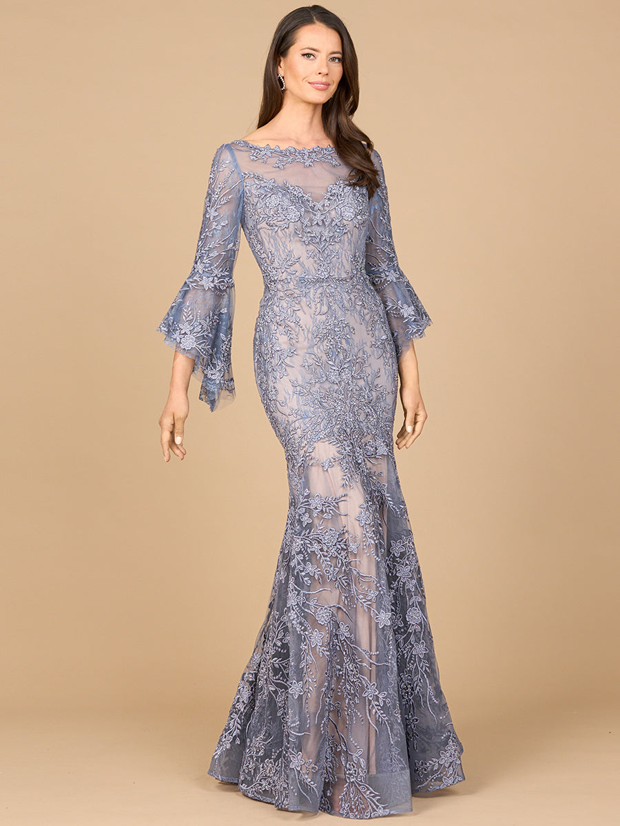 Illusion Neck, Long Bell Sleeve Gown - By Baano