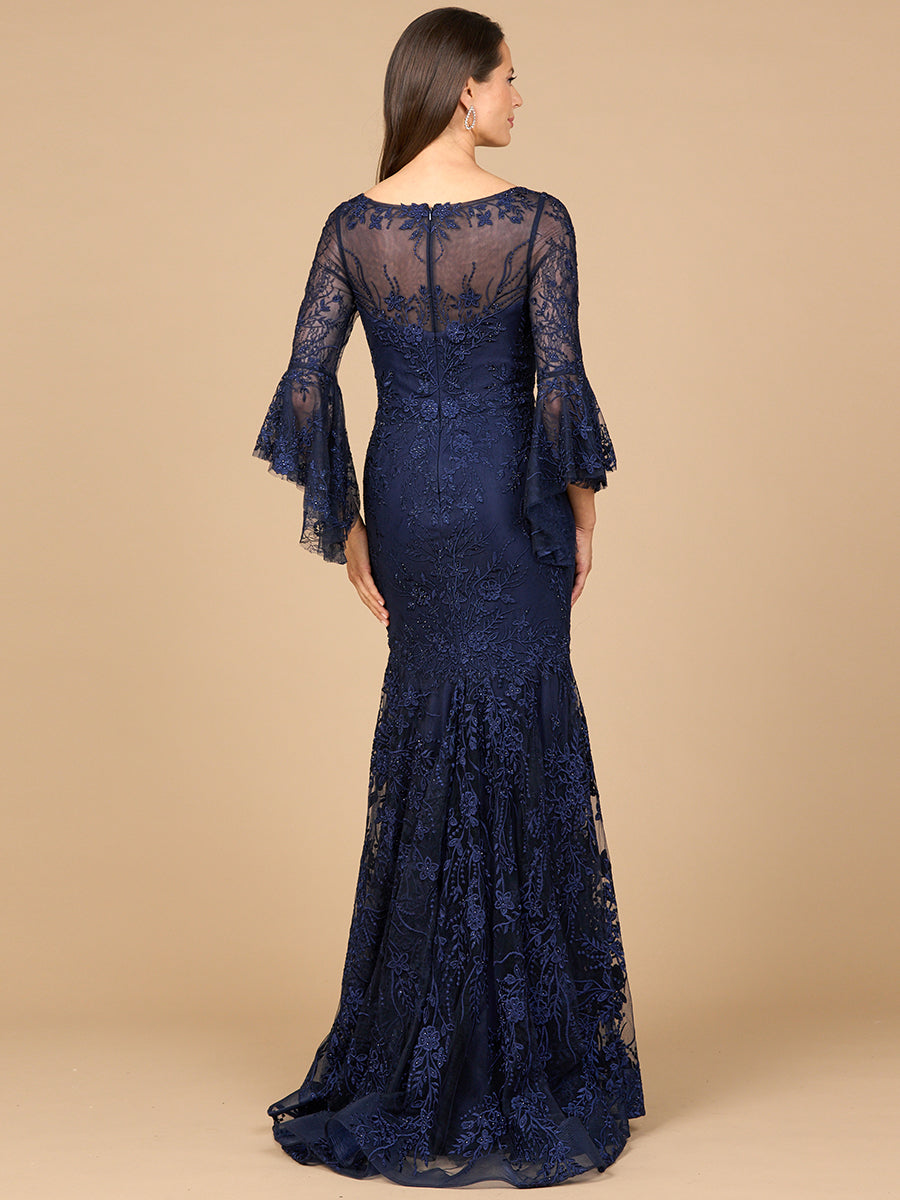 Illusion Neck, Long Bell Sleeve Gown - By Baano