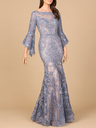 Illusion Neck, Long Bell Sleeve Gown