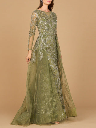 Long Sleeve Gown with Overskirt & High Neck - By Baano
