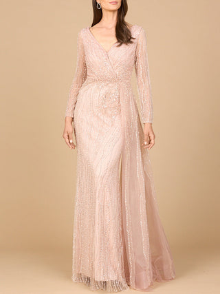 Long Sleeve V-Neck Gown with Drape