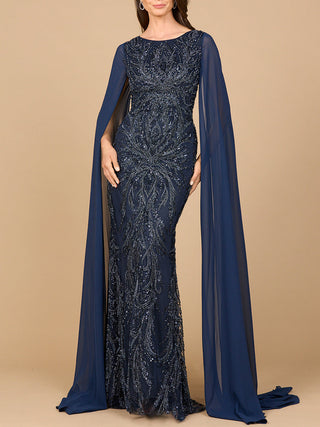 High Neck Gown with Chiffon Cape Sleeves - By Baano
