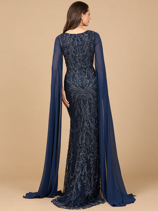 High Neck Gown with Chiffon Cape Sleeves - By Baano