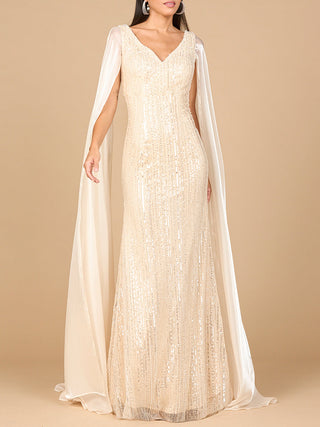 Beaded Gown with Satin Cape Sleeves - By Baano