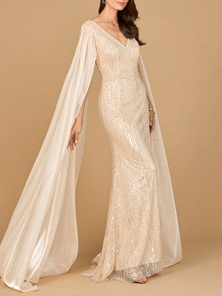 Beaded Gown with Satin Cape Sleeves - By Baano