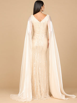 Beaded Gown with Satin Cape Sleeves - By Baano