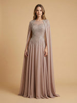 Lara 28943- Chiffon A-line Long Gown with Long Cape Sleeves