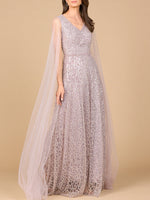 Beaded Lace Gown with Cape Sleeves - By Baano