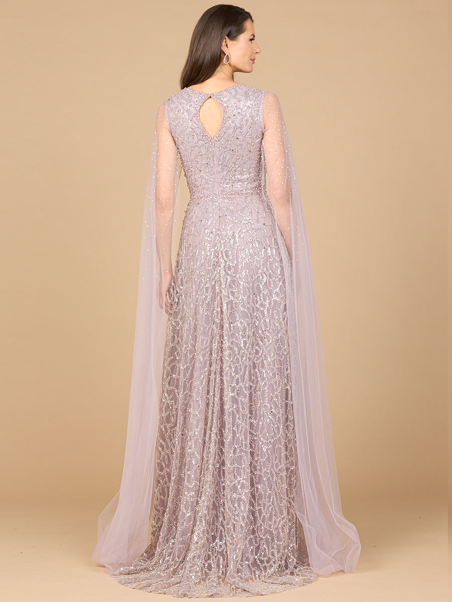 Beaded Lace Gown with Cape Sleeves - By Baano