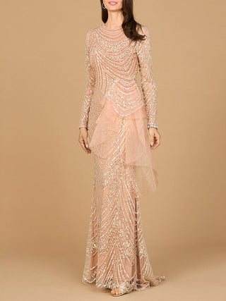 Beaded Long Sleeve Gown with Tulle Applique - By Baano