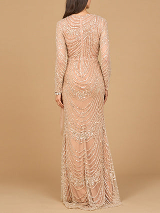 Beaded Long Sleeve Gown with Tulle Applique - By Baano