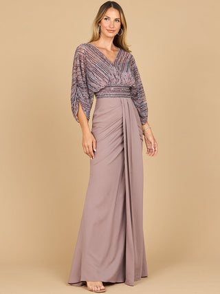 Lara 28950- Draped Skirt Gown with Cape Sleeves