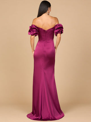 Off Shoulder Satin Dress with Slit - By Baano
