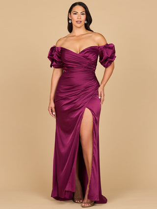 Off Shoulder Satin Dress with Slit - By Baano