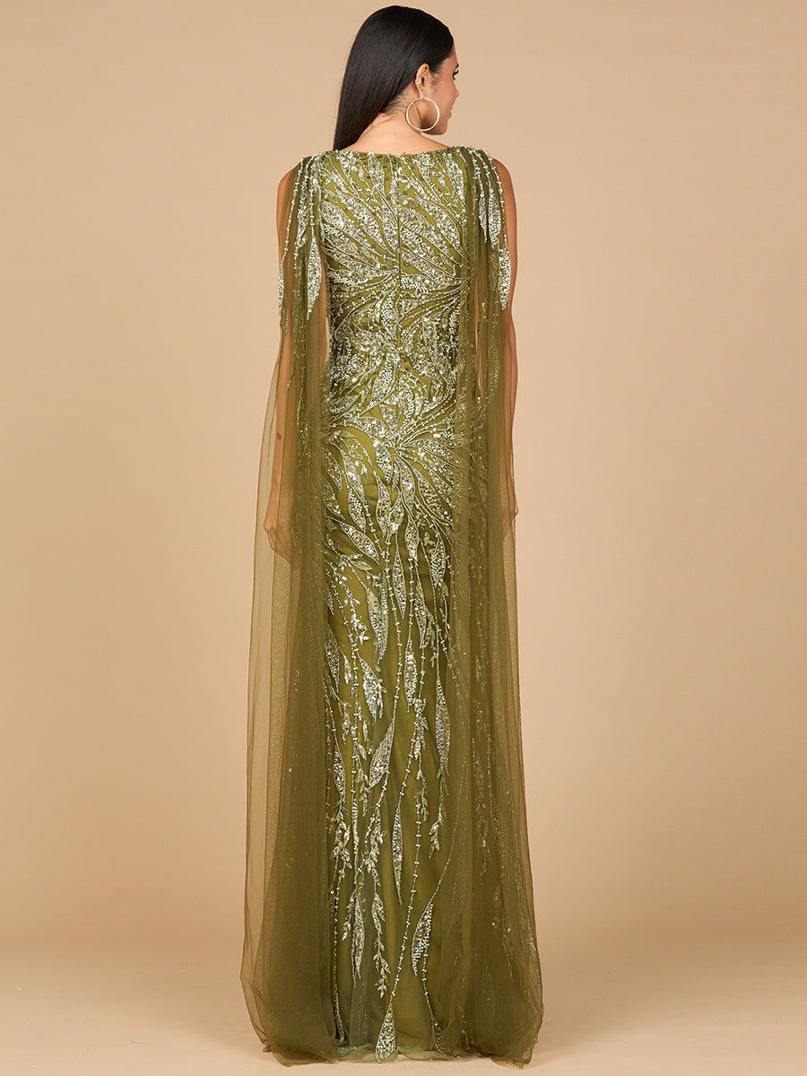 V-Neck Gown with Long Cape Sleeves - By Baano